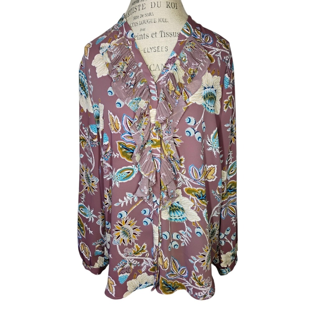 Chicos Womens 3 XL Blouse Purple Floral Ruffle Button Down Long Sleeve Paisley